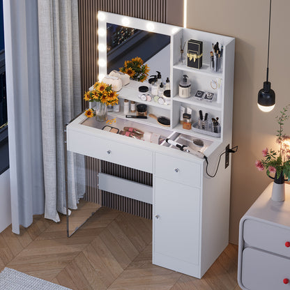 Vanity Desk with Mirror and 3 Lighting Modes, Makeup Vanity with Glass Top and Storage Shelves, Dressing Table with 2 Drawers and Cabinet, White