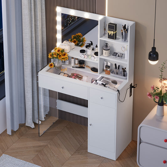 Vanity Desk with Mirror and 3 Lighting Modes, Makeup Vanity with Glass Top and Storage Shelves, Dressing Table with 2 Drawers and Cabinet, White