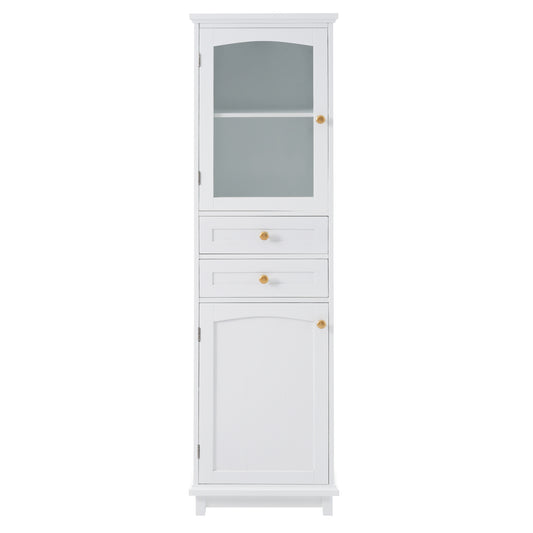 Modern Tall Bathroom Storage Cabinet with Glass Doors, Two Drawers, Adjustable Shelves, Made of MDF with White Painted Finish, 17.76'W x 14.21'D x 62.99'H