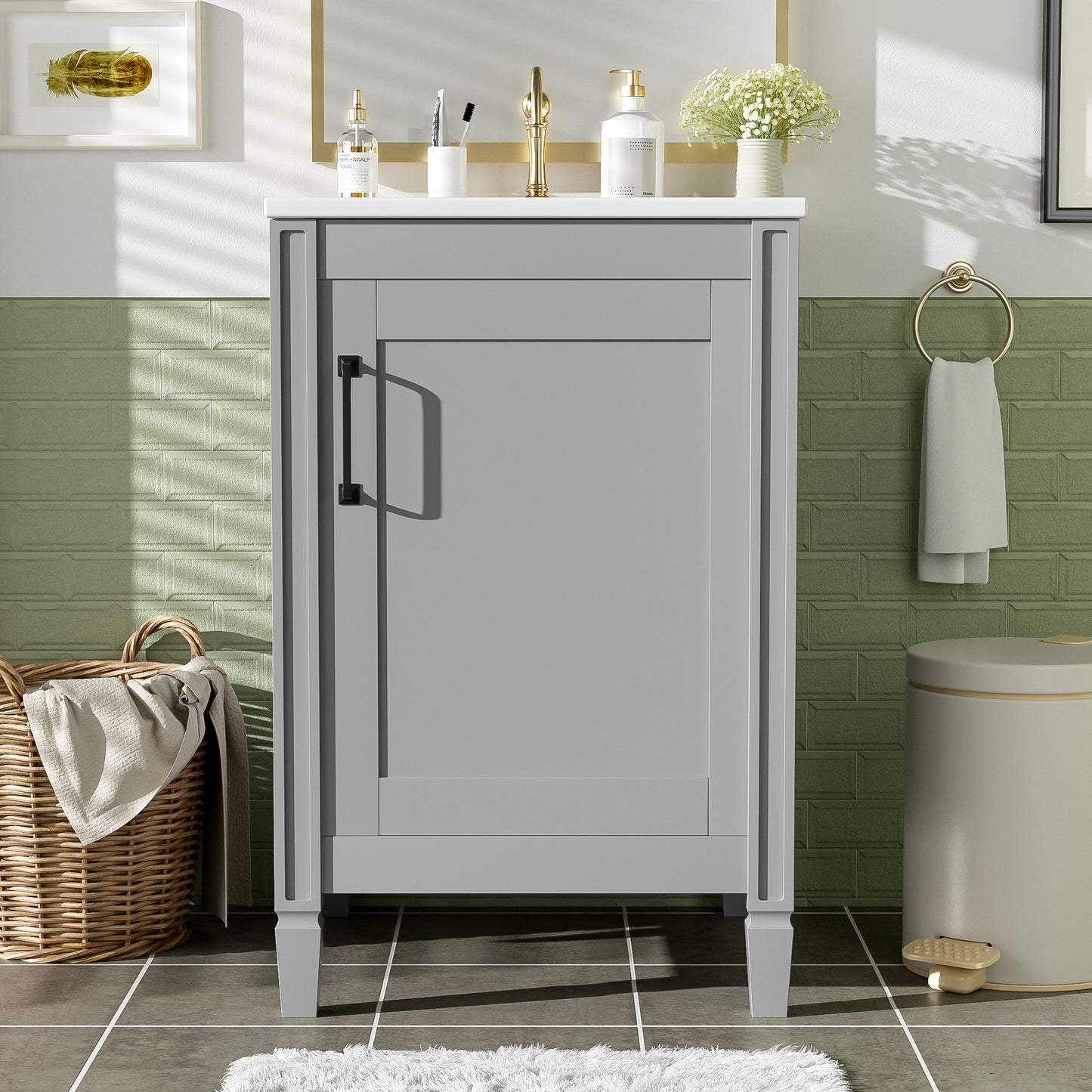 20' Gray Bathroom Vanity with Ceramic Sink, Soft Close Door, Adjustable U-Shaped Shelf, Door Storage Rack, Modern Freestanding Cabinet for Small Bathrooms