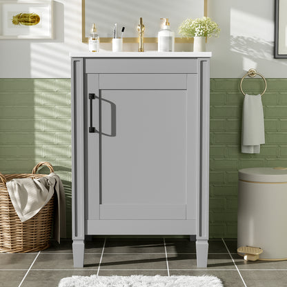 20' Gray Bathroom Vanity with Ceramic Sink, Soft Close Door, Adjustable U-Shaped Shelf, Door Storage Rack, Modern Freestanding Cabinet for Small Bathrooms