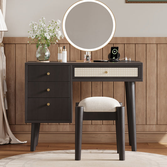 39' Retro Bohemian Style Wooden Makeup Vanity Set with Charging Plug&USB Port and Stool, Dressing Table with 3 Storage Drawers and 1 Rectangular Rattan Drawer, Black