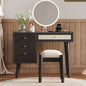 39' Retro Bohemian Style Wooden Makeup Vanity Set with Charging Plug&USB Port and Stool, Dressing Table with 3 Storage Drawers and 1 Rectangular Rattan Drawer, Black