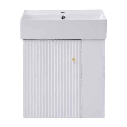 Modern Floating Bathroom Vanity with Ceramic Basin and Right Side Storage - 21.6 inch, White, MDF and Ceramic