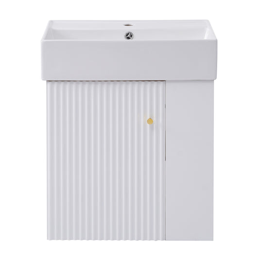 Modern Floating Bathroom Vanity with Ceramic Basin and Right Side Storage - 21.6 inch, White, MDF and Ceramic