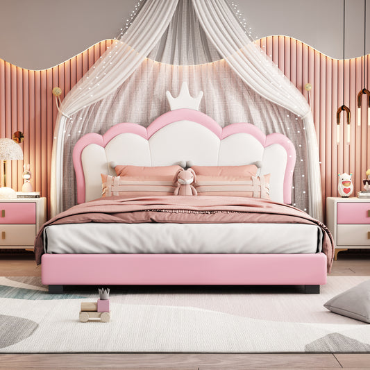 Full size Upholstered Princess Bed With Crown Headboard,Full Size Platform Bed with Headboard and Footboard, White+Pink(Old SKU:WF303337AAH)