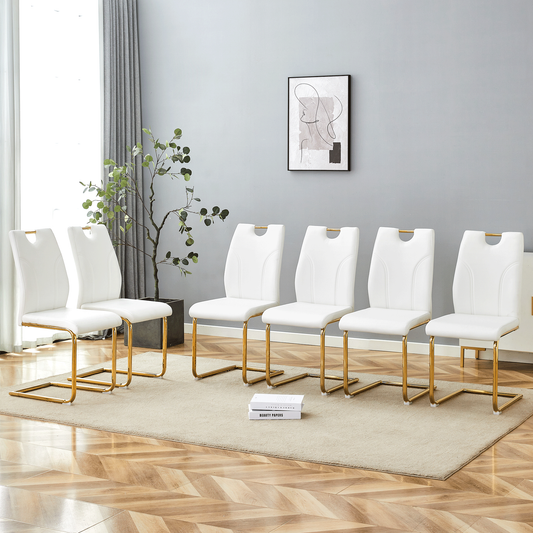 White PU Dining Chair Set.Uniquely designed white dining chairs. PU material, paired with gold metal chair legs. Suitable for offices, restaurants, kitchens, conference rooms, etc.(Set of 6)