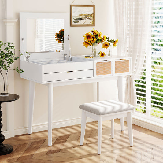 43.3' Classic Wood Makeup Vanity Set with Flip-top Mirror and Stool, Dressing Table with Three Drawers and storage space, White