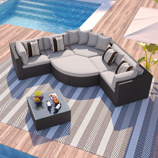 GO 7-piece Outdoor Wicker Sofa Set, Rattan Sofa Lounger, With  Colorful Pillows, Conversation Sofa, For Patio, Garden, Deck, Brown Wicker