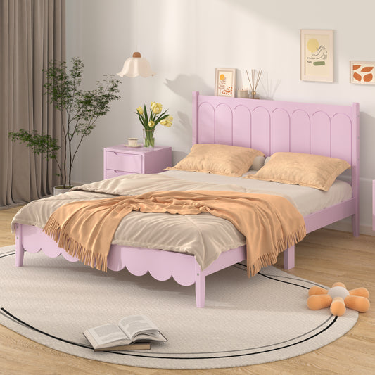 Full Size Wood Platform Bed Frame, Retro Style  Bed with Rectangular Headboard,No Need Box Spring,Pink