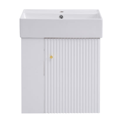 Modern Floating Bathroom Vanity with Ceramic Basin, Left Side Storage, White, 21.6 inches