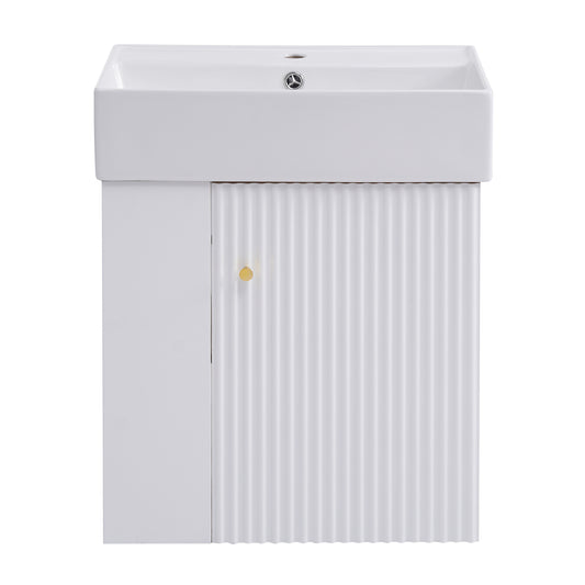 Modern Floating Bathroom Vanity with Ceramic Basin, Left Side Storage, White, 21.6 inches