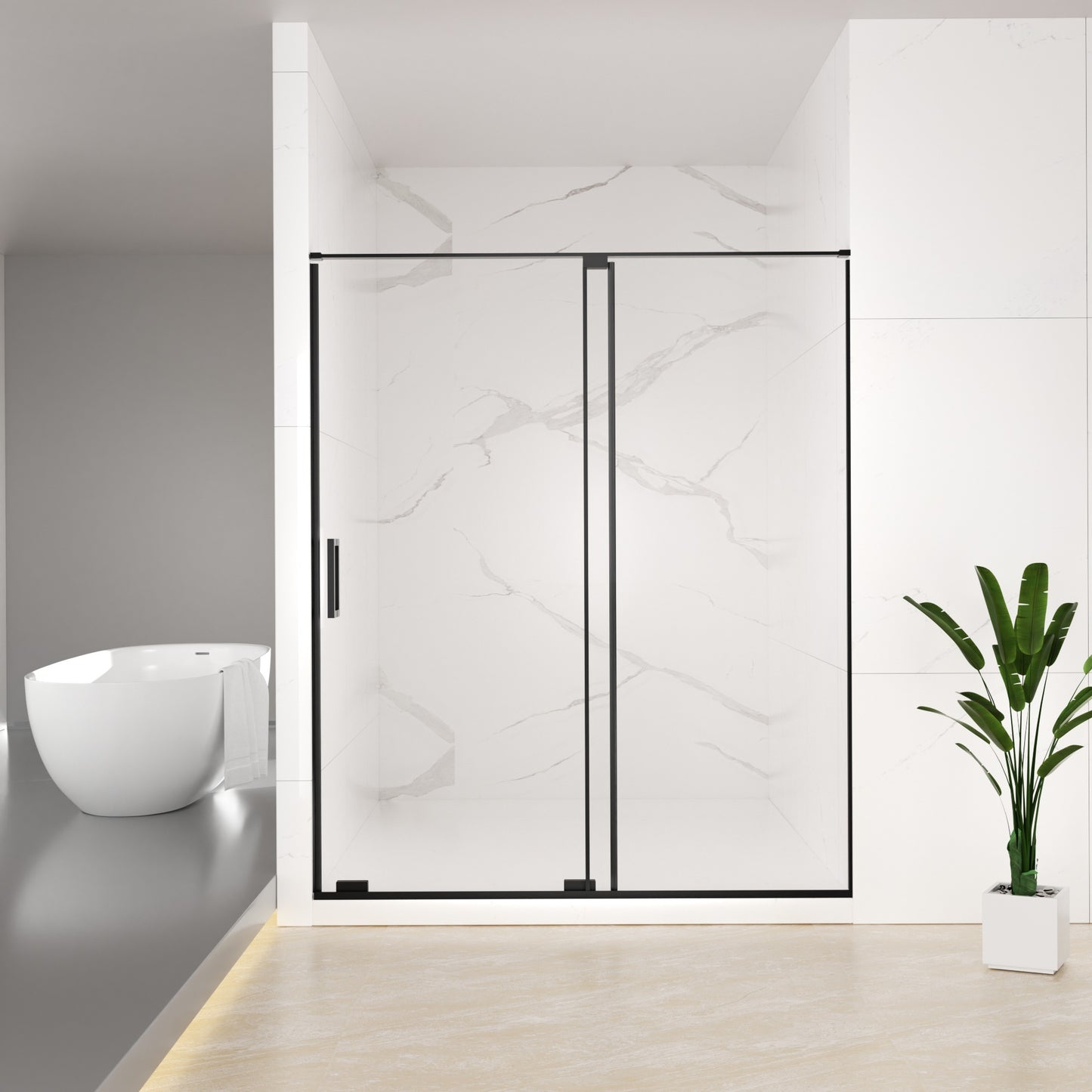 56-60' W x 72' H Semi-Frameless Sliding Shower Door, 5/16'(8mm) Clear SCGG Tempered Glass, Matte Black Finish, Cut Adjustable Width 4'
