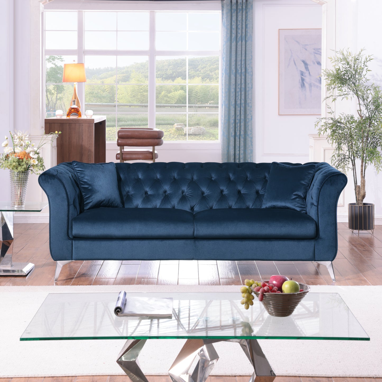 Chesterfield sofa ,Stanford sofa ,  high quality Chesterfield sofa ,AZURE BLUE, tufted and wrinkled fabric  sofa;contemporary Stanford sofa .loverseater; tufted sofa with scroll  arm and scroll back