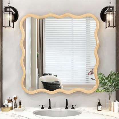 Solid Wood Wavy Square Mirror-Natural Wood 36' x 36' Modern Mirror Wall Decor for Bathroom, Bedroom, Living Room, Dining Room, Cloakroom, Entryway