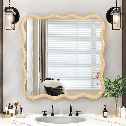 Solid Wood Wavy Square Mirror-Natural Wood 36' x 36' Modern Mirror Wall Decor for Bathroom, Bedroom, Living Room, Dining Room, Cloakroom, Entryway
