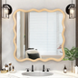 Solid Wood Wavy Square Mirror-Natural Wood 36' x 36' Modern Mirror Wall Decor for Bathroom, Bedroom, Living Room, Dining Room, Cloakroom, Entryway