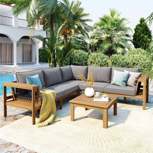 GO 4 Pieces Outdoor Acacia Wood Sofa Set, Woven Mesh Armrests, L-Shaped Patio Furniture Sofa Set with Coffee Table, Outdoor Conversation Set with Gray Cushions and Side Table