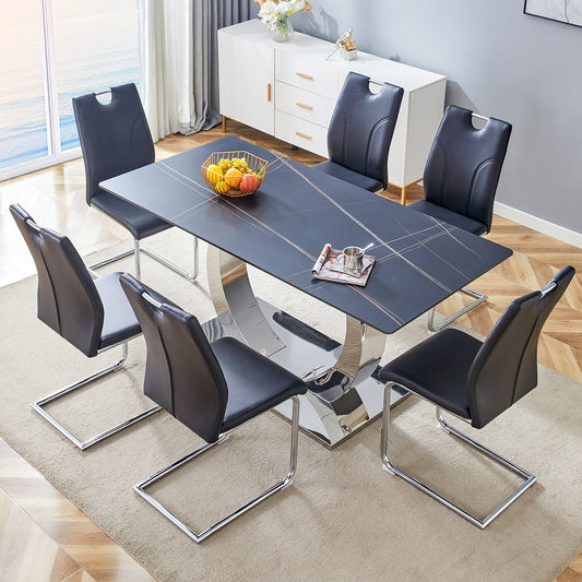 Table and chair set.63x31.5-inch Sintered Stone Dining Table.Paired with 6 Uniquely designed black dining chairs with Silver Metal Leg.Black Texture Design Tabletop,Silver stainless steel table leg.