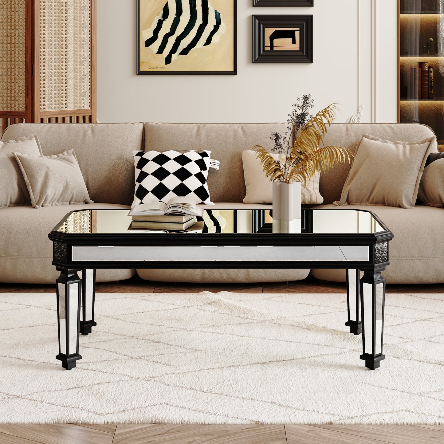 Silver Mirrored Coffee Table, Black Vintage Carved Wooden, Rectangle Glass Tea Table with Mirrored Finish, Modern Center Table for Living Room and Office (24' D x 48' W x 18' H)
