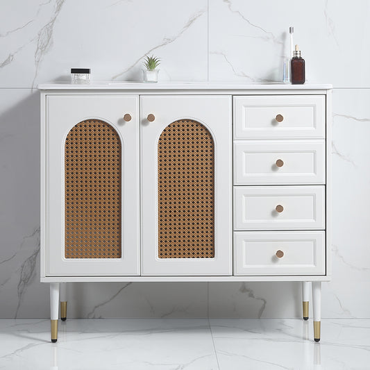 36' Bathroom Vanity with Ceramic Basin, Rattan Bathroom Storage Cabinet with Two Doors and Drawer
