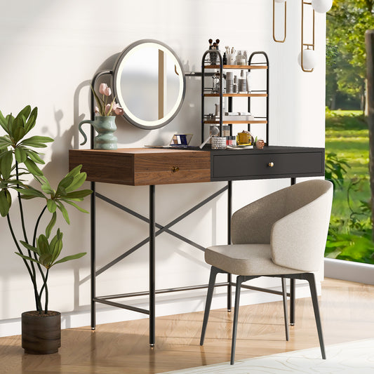 GO 40' Makeup Vanity Desk with 3-Mode Lighted Mirror & Wireless Charging Station , Vanity Table with Drawer & 3 Open Shelves for Ample Storage Space, Dressing Table for Bedroom, Black
