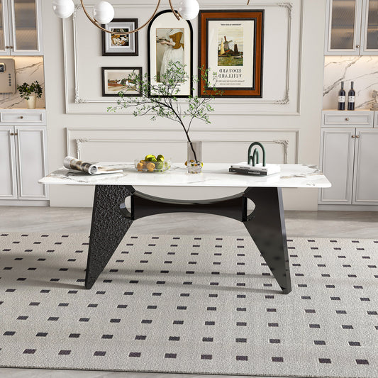 Marble Dining Table for 6-8, 71' Modern Luxury Dining Room Table for Kitchen, Carrara Gold Rectangular Table with Horse Stainless Steel Base for 4-6 People.
