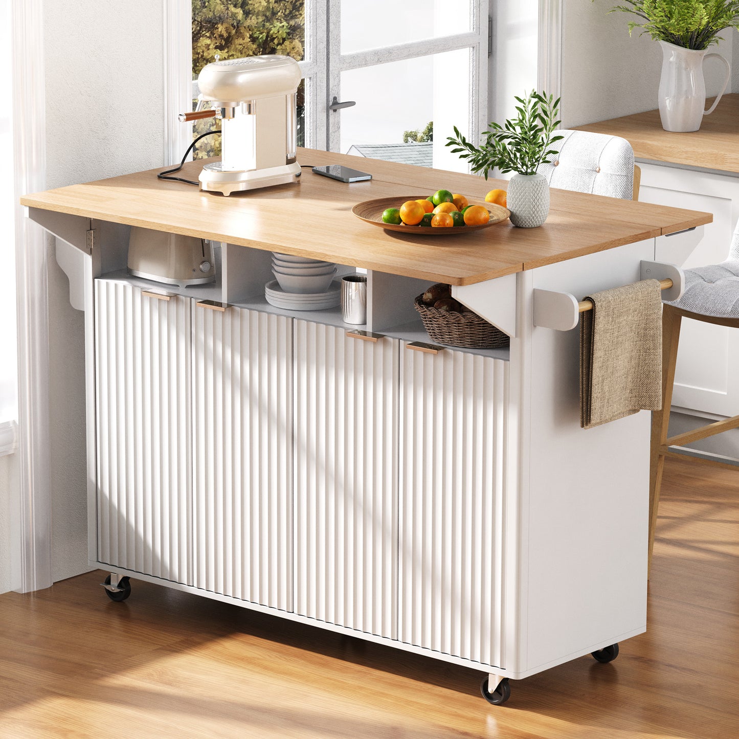 K&K 55.5' Fluted Kitchen Island with 2 Drop Leaf, Kitchen Storage Cart with Power Outlet, 4 Doors, Spice rack, Rolling Island Table with Wood-grain Top, Curved Edge for Kitchen, Dining Room,White