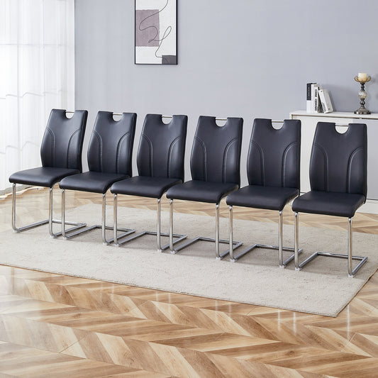 Black PU Dining Chair Set.Uniquely designed black dining chairs. PU material, paired with silver metal chair legs. Suitable for offices, restaurants, kitchens, conference rooms, etc.(Set of 6)