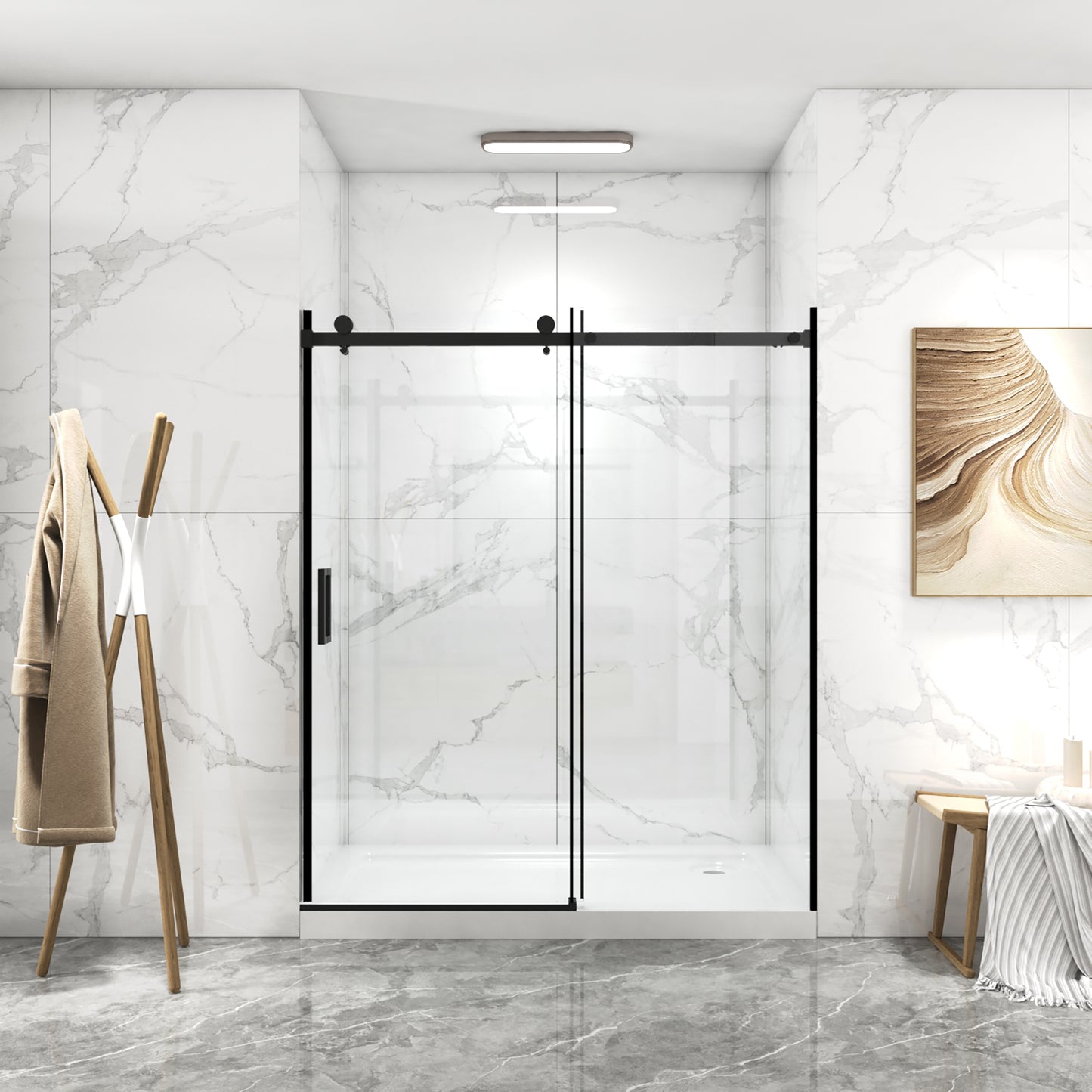 56'-60'W x 70'H Frameless Shower Door, Sliding Shower Door, with Premium 5/16'(8mm) Thick Tempered Glass Shower Enclosure,Double Side Easy Clean Coat,Matte Black Finished With Buffer