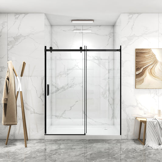 56'-60'W x 70'H Frameless Shower Door, Sliding Shower Door, with Premium 5/16'(8mm) Thick Tempered Glass Shower Enclosure,Double Side Easy Clean Coat,Matte Black Finished With Buffer