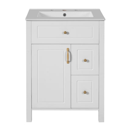 Elegant 24-Inch Bathroom Vanity with Ceramic Sink, Soft Close Doors and Drawers, Double Storage Racks, White ,Solid Wood MDF