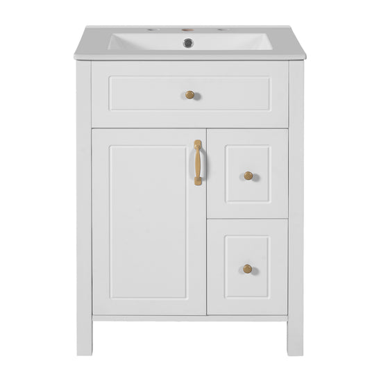 Elegant 24-Inch Bathroom Vanity with Ceramic Sink, Soft Close Doors and Drawers, Double Storage Racks, White ,Solid Wood MDF