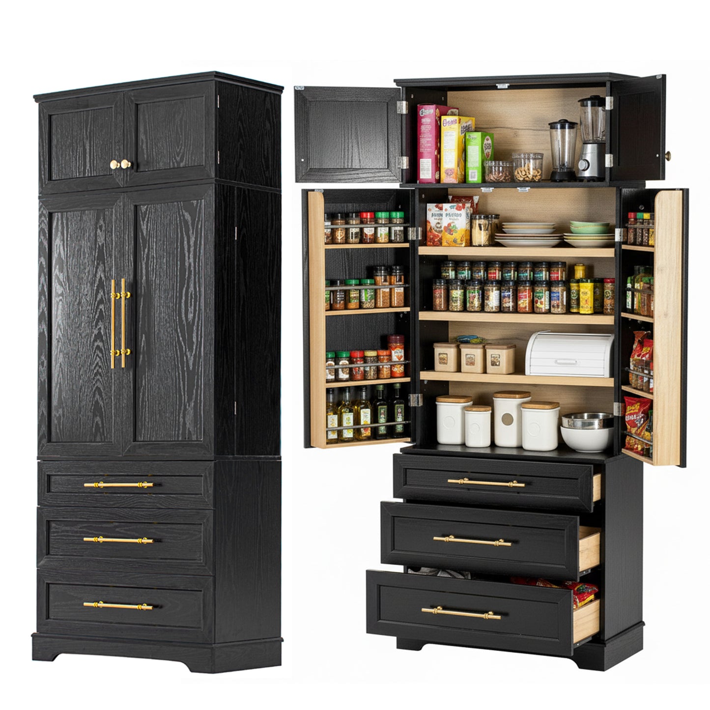 K&K 78.2' Tall Farmhouse Kitchen Pantry Cabinet with 8 Door Shelves, Storage Cabinet with 3 Adjustable Shelves, 3 Large Drawers, Versatile Cupboard for Kitchen, Dining & Bathroom, Ash Black
