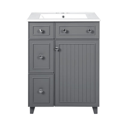 Transitional Gray Bathroom Vanity Cabinet with Ceramic Sink, 2 Drawers, 1 Soft-Close Door