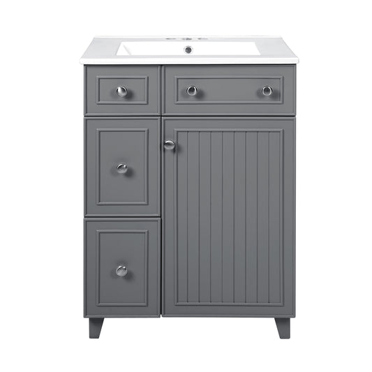 Transitional Gray Bathroom Vanity Cabinet with Ceramic Sink, 2 Drawers, 1 Soft-Close Door