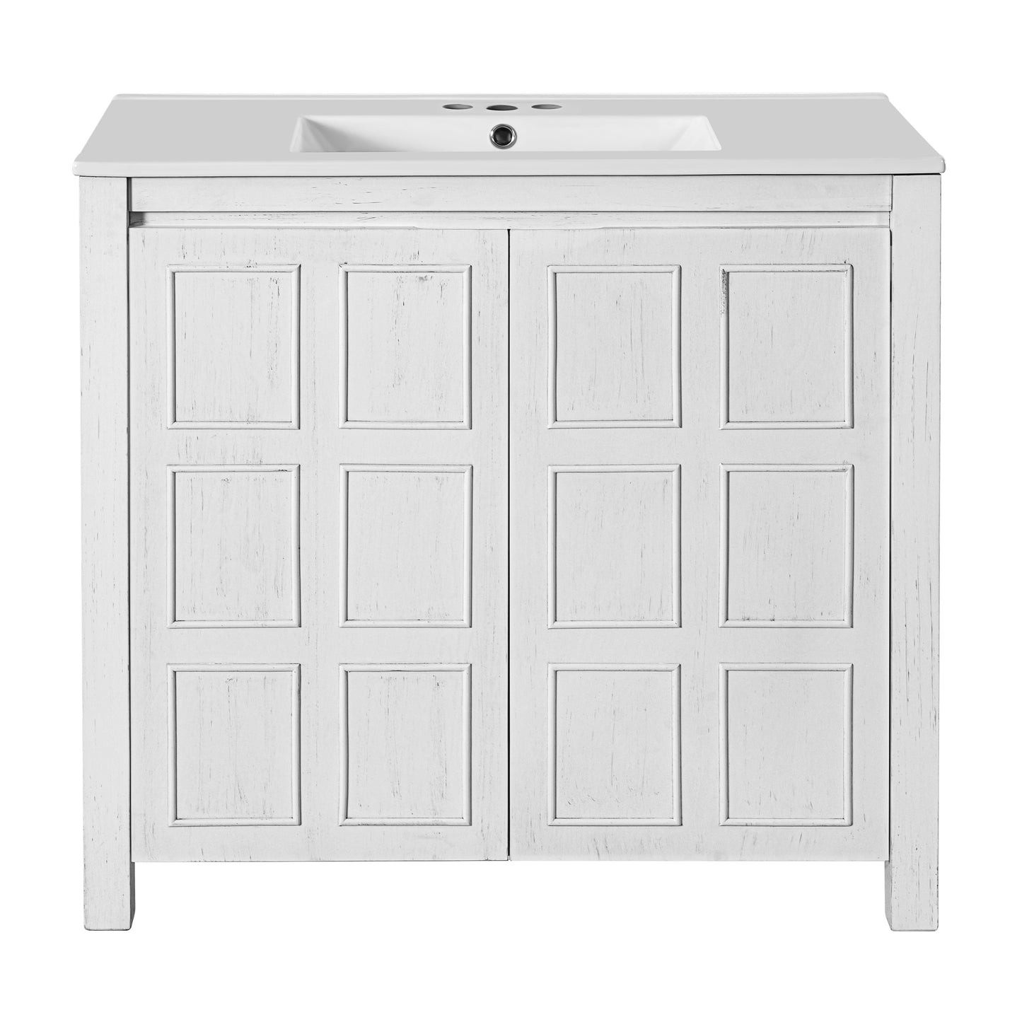 Vintage White Bathroom Vanity Organizer with Ceramic Sink and Storage Cabinet, Antique White, Solid Wood and MDF, 36 Inches