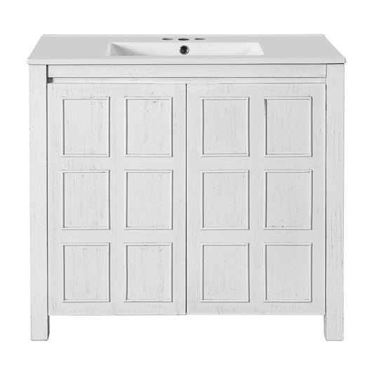 Vintage White Bathroom Vanity Organizer with Ceramic Sink and Storage Cabinet, Antique White, Solid Wood and MDF, 36 Inches