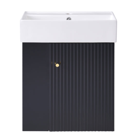 Modern Floating Bathroom Vanity with Ceramic Basin and Left Side Storage - Black, MDF, 21.6 inches