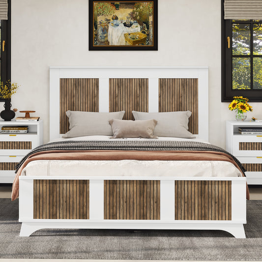 Farmhouse Wooden Platform Queen Size Bed, Modern Platform Bed with Wooden Strip Stickers Decoration, Plywood Slats Support, White