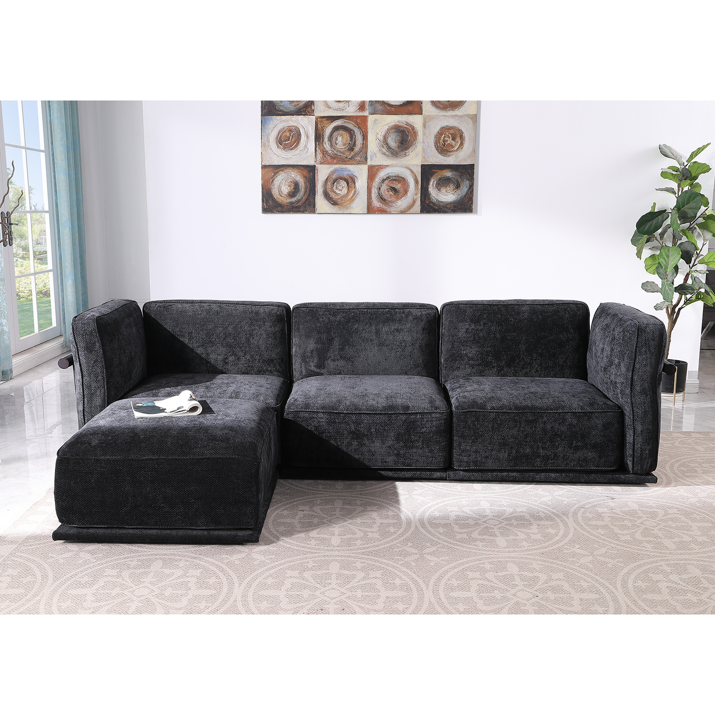 120' length , Fashionable modular sofa with iron and wood frame chenille sofa, black ,uitable for living room