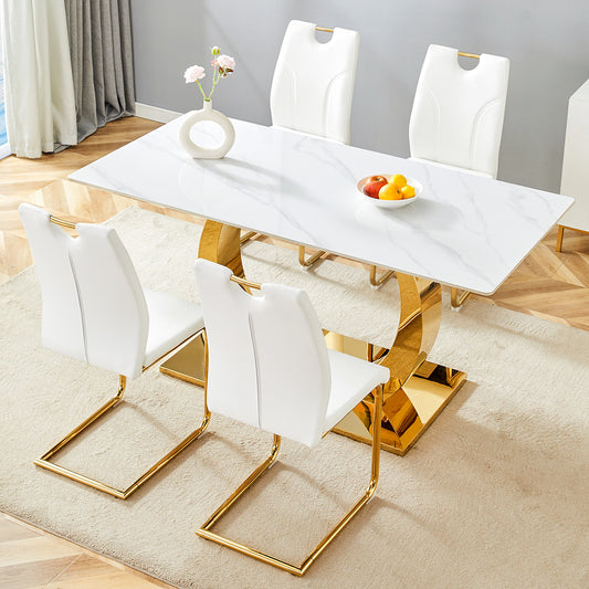 Table and chair set.63x31.5-inch Sintered Stone Table.Paired with 4 Uniquely designed white dining chairs with Golden Metal Leg.Modern Snow Mountain Stone White Design TableTop,Golden metal legs.