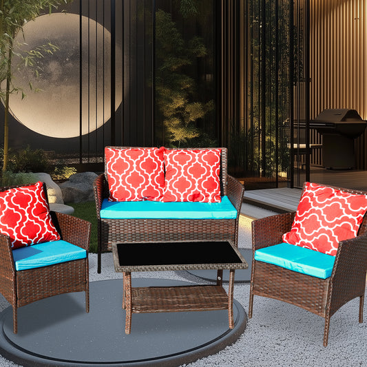 Four-Piece Sofa Set Table With Sofa Chair PE Rattan Outdoor Furniture HY4-001 Box *1 With Sapphire Blue Color Cushion