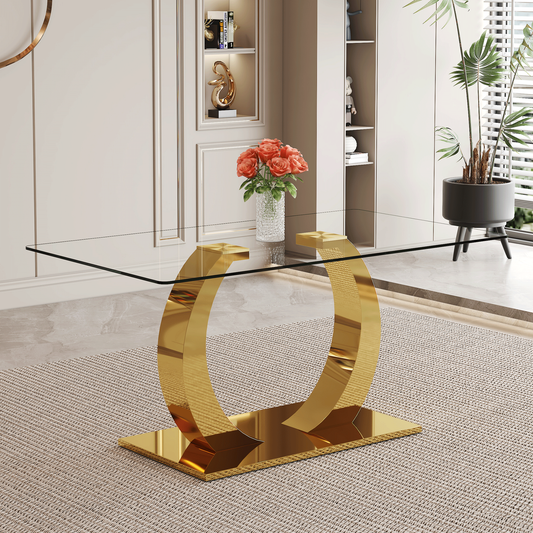 63 x 35.4 x 30-inch Transparent Glass Dining Table - A Perfect Blend of Durability and Elegance.Transparent Tempered Glass Tabletop,Golden stainless steel metal table legs.