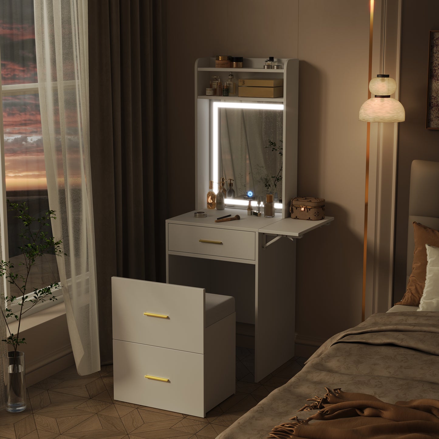Small Vanity Desk with Mirror and Light, Dressing Table with Charging Station & Fold-up Panel for Small Space, Compact Makeup Vanity Set with Hidden Stool for Bedroom, White