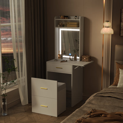 Small Vanity Desk with Mirror and Light, Dressing Table with Charging Station & Fold-up Panel for Small Space, Compact Makeup Vanity Set with Hidden Stool for Bedroom, White