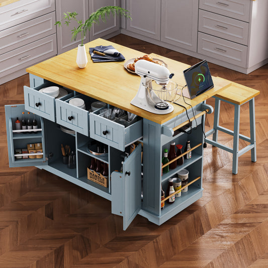 K&K 53inch Large Kitchen Island with Drop Leaf,Power Outlet,Door Internal Storage Rack,Rolling Kitchen Cart on 5 Wheels with 5 Open Side Racks for Kitchen,Dining Room,Grey Blue(Not include bar stools)