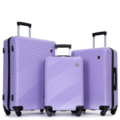 3 Piece Luggage Sets PC+ABS Lightweight Suitcase with Two Hooks, Spinner Wheels, (20/24/28) Light Purple