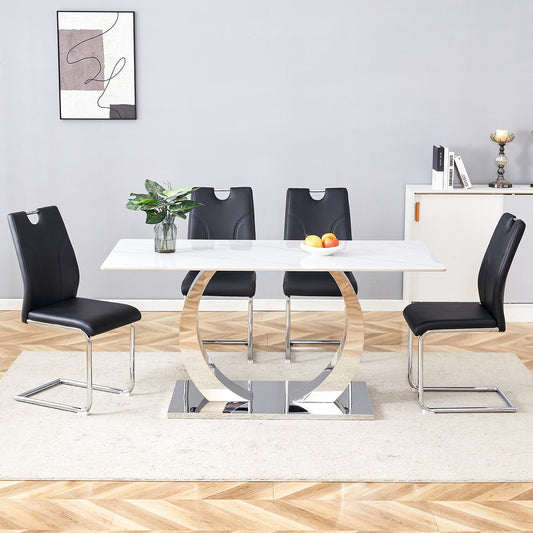 Table and chair set.63x31.5x30-inch Sintered Stone Dining Table - A Perfect Blend of Durability and Elegance.Paired with 4 Uniquely designed Black Dining Chairs With Silver Metal Leg.