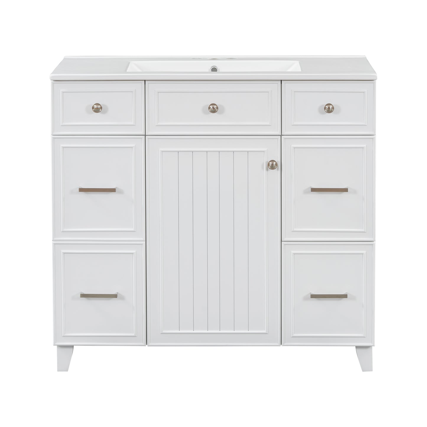 Transitional 36' Bathroom Vanity with Ceramic Sink, Soft Close Doors, and Adjustable Shelves, White Solid Wood Frame